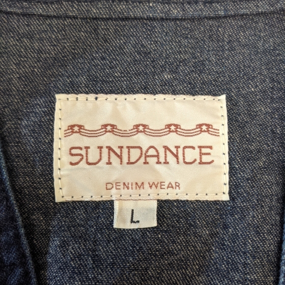 Vintage USA Sundance Blue Denim Longline Jacket Oversize L Pleated Studs Pockets - Picture 14 of 16